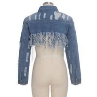 Trendy Ripped Denim Jacket with Tassels - Sexy Casual Coat for Women