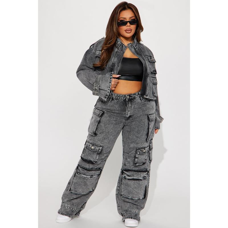 Chic Billie Acid Wash Black Cropped Cargo Jacket