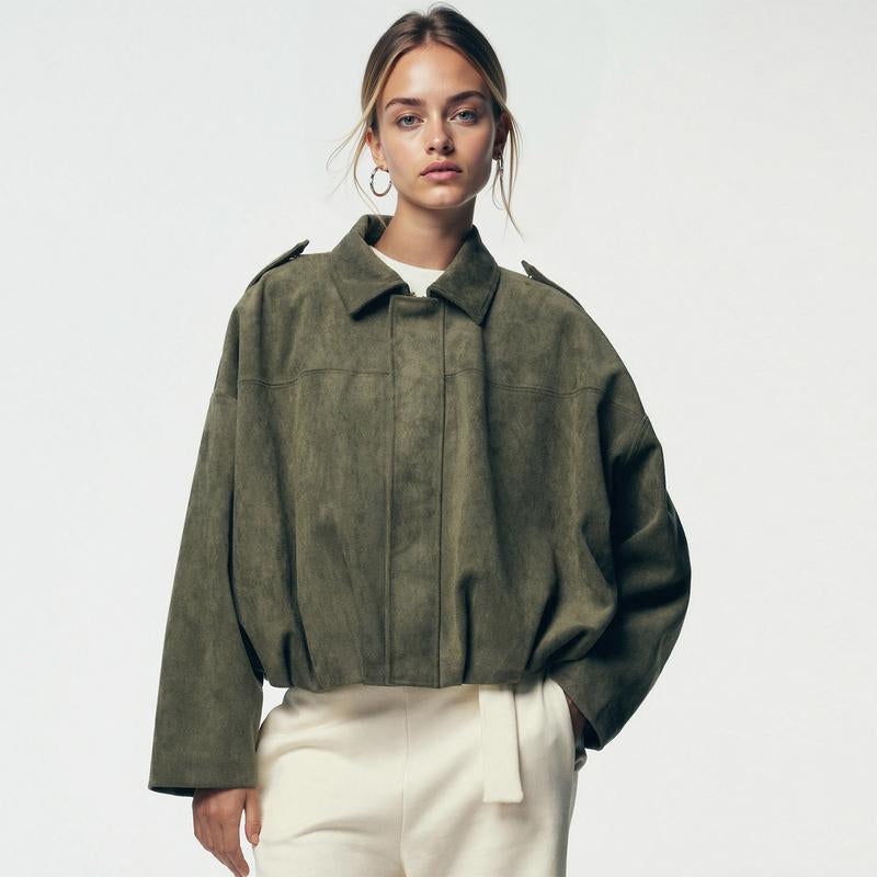 Cozy Vintage Women's Winter Jacket - Stylish Collared Zippered Long Sleeve Outerwear for Fall & Winter, Cropped with Epaulets