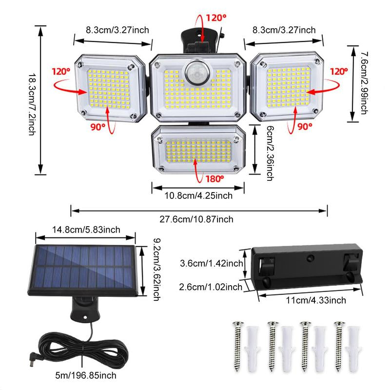 Illuminate Your Outdoors: 4-Head Solar LED Motion Sensor Light with Remote Control - Waterproof Security Solution for Front Door, Yard, and Garage!