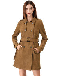 Chic Faux Suede Double Breasted Trench Coat with Belt in Stylish Brown