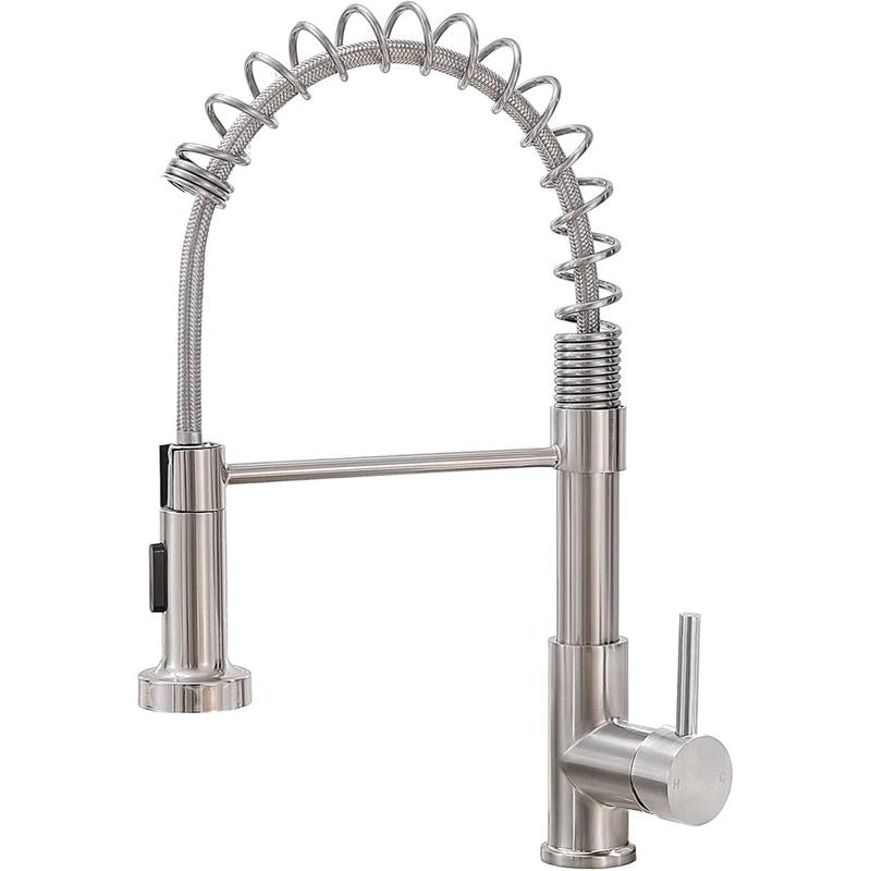 Brushed Nickel Kitchen Faucet with Pull-Down Sprayer - Modern Stainless Steel Single Handle for Farmhouse, RV, and Outdoor Use
