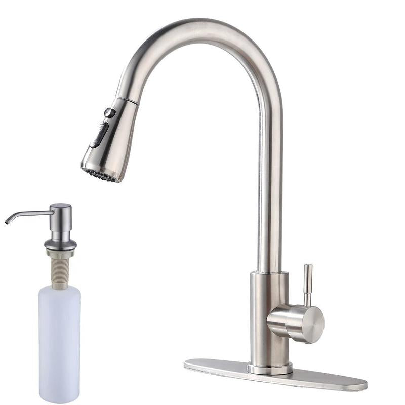 NGNP Brushed Nickel Stainless Steel Pull-Out Kitchen Faucet with Soap Dispenser – Versatile for RVs, Laundry Rooms & Bars, Designed for 1/3 Holes