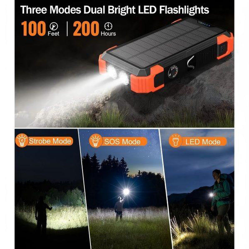 29800mAh Solar Power Bank - 7 Outputs, 15W Fast Charging, Dual Flashlights, Carabiner & Thermometer - Ultimate Portable Charger for All Mobile Devices - Perfect for Outdoor Adventures!