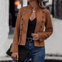 Chic Retro Suede Double Breasted Short Jacket for Women - Stylish Long Sleeve Outwear Coat