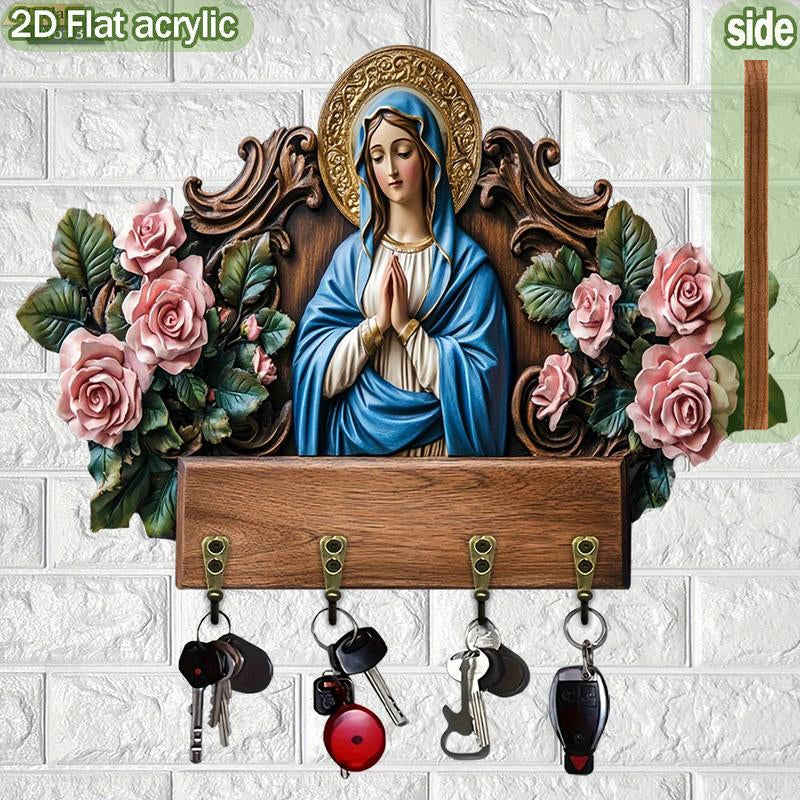 Elegant Virgin Mary Wooden Key Holder - 2D Flat Wall Decor with 4 Metal Hooks (11.8x9 inches) for All-Season Home & Villa Decoration