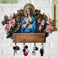 Elegant Virgin Mary Wooden Key Holder - 2D Flat Wall Decor with 4 Metal Hooks (11.8x9 inches) for All-Season Home & Villa Decoration