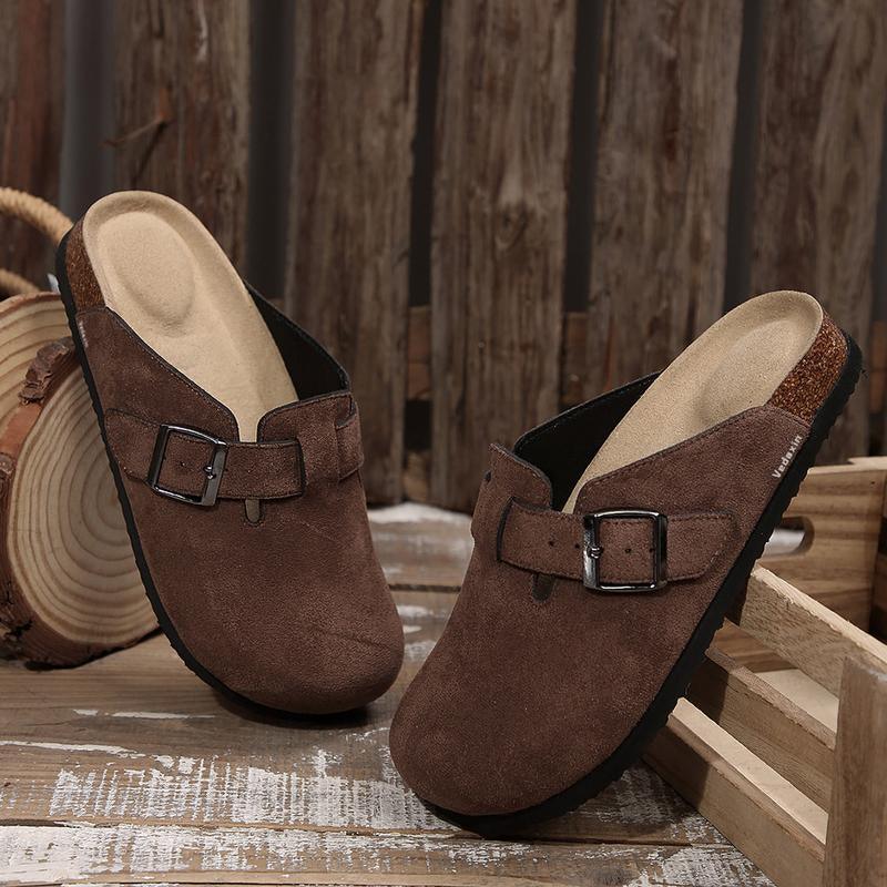Unisex Suede Clogs with Leather Mules and Cork Footbed - Comfortable Slip-On Sandals