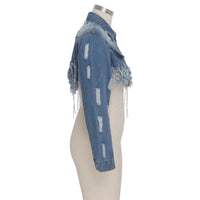 Trendy Ripped Denim Jacket with Tassels - Sexy Casual Coat for Women