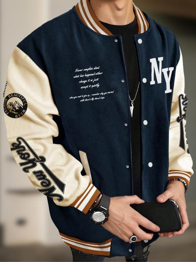 Men's College Style Baseball Jacket - Y2K Street Fashion, Long Sleeve Casual Fitted Jacket for Fall & Winter 2025