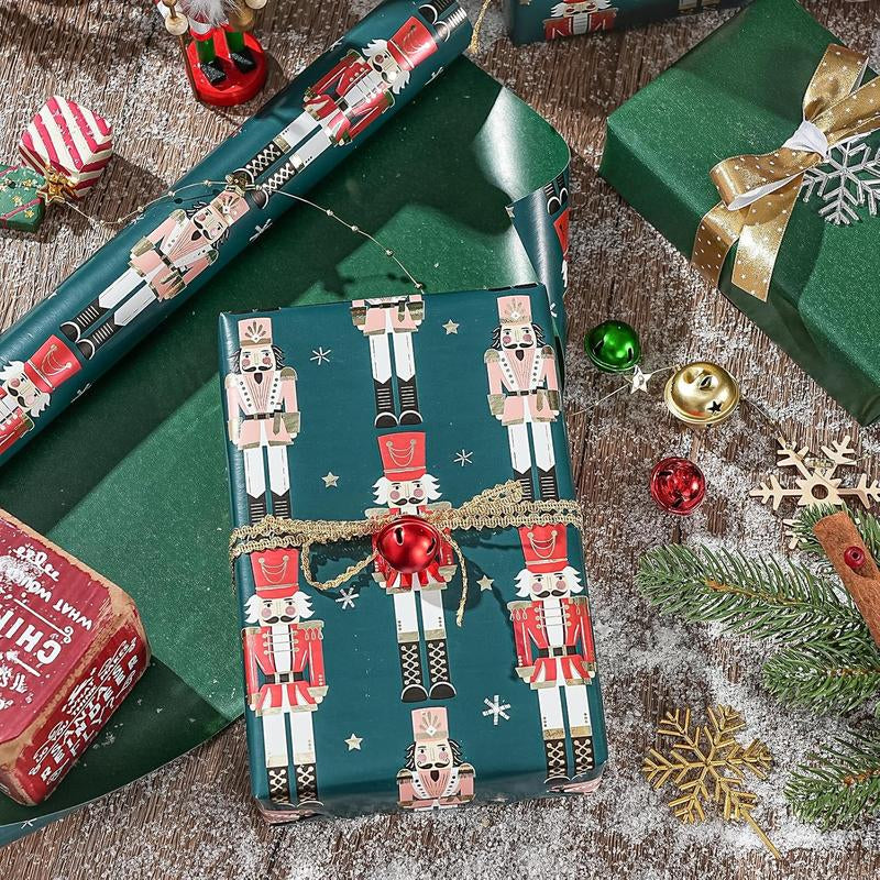 Reversible Nutcracker Christmas Wrapping Paper - 17" x 33' Foil Green Mini Roll for Holiday Celebrations and Parties