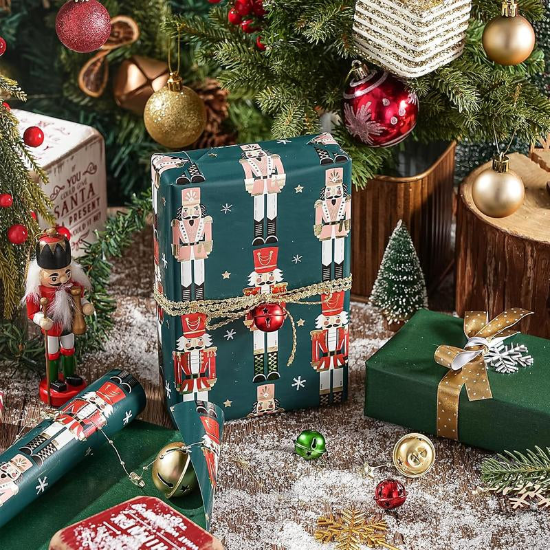 Reversible Nutcracker Christmas Wrapping Paper - 17" x 33' Foil Green Mini Roll for Holiday Celebrations and Parties