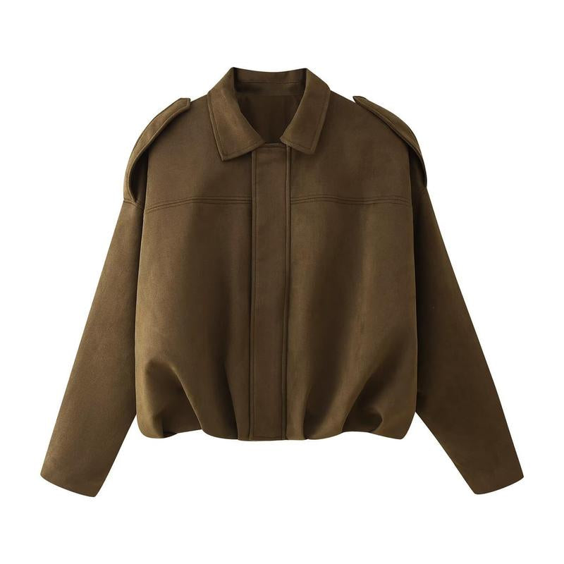 Cozy Vintage Women's Winter Jacket - Stylish Collared Zippered Long Sleeve Outerwear for Fall & Winter, Cropped with Epaulets