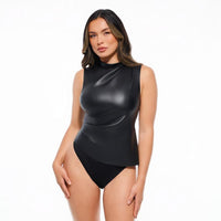 Elevate Your Silhouette: Popilush Faux Leather Lace Trim Corset Bodysuit with Tummy Control
