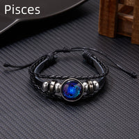 Luminous Zodiac Leather Bracelet – 12 Constellations | Adjustable Vintage Wrap for Men & Women