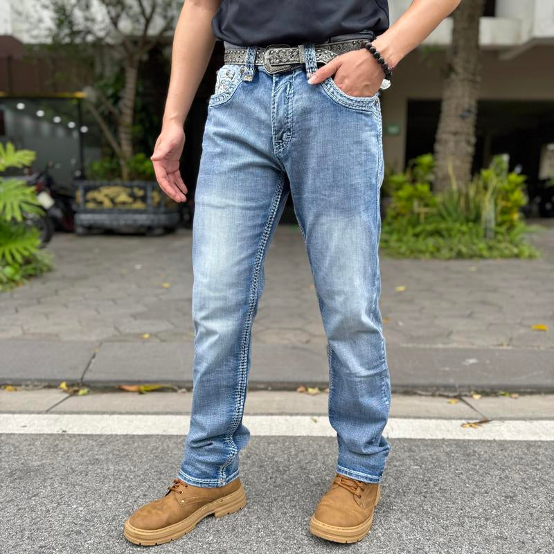 Y2K Retro Cowboy Bootcut Jeans for Men - Light Wash Distressed Denim with Gold Fleur-De-Lis Embroidery - Vaquero Rodeo Style