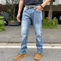 Y2K Retro Cowboy Bootcut Jeans for Men - Light Wash Distressed Denim with Gold Fleur-De-Lis Embroidery - Vaquero Rodeo Style