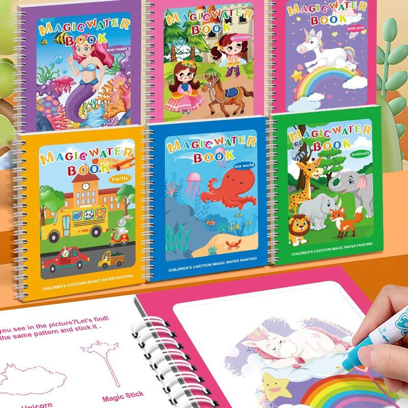 Magic Mess-Free Water Coloring Book for Toddlers - Reusable 3/6 Pack Educational Drawing Activity - Perfect Travel Toy for Kids 3-6 Years Old