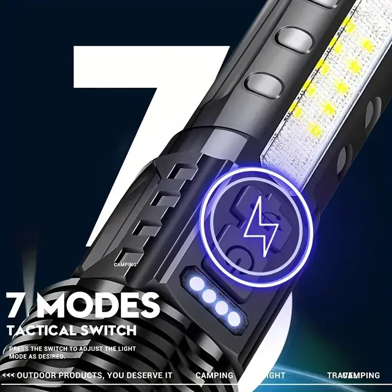Ultra Bright Rechargeable White Laser LED Flashlight - Tactical Torch for Camping and Hiking, Built-In Battery with USB Charging