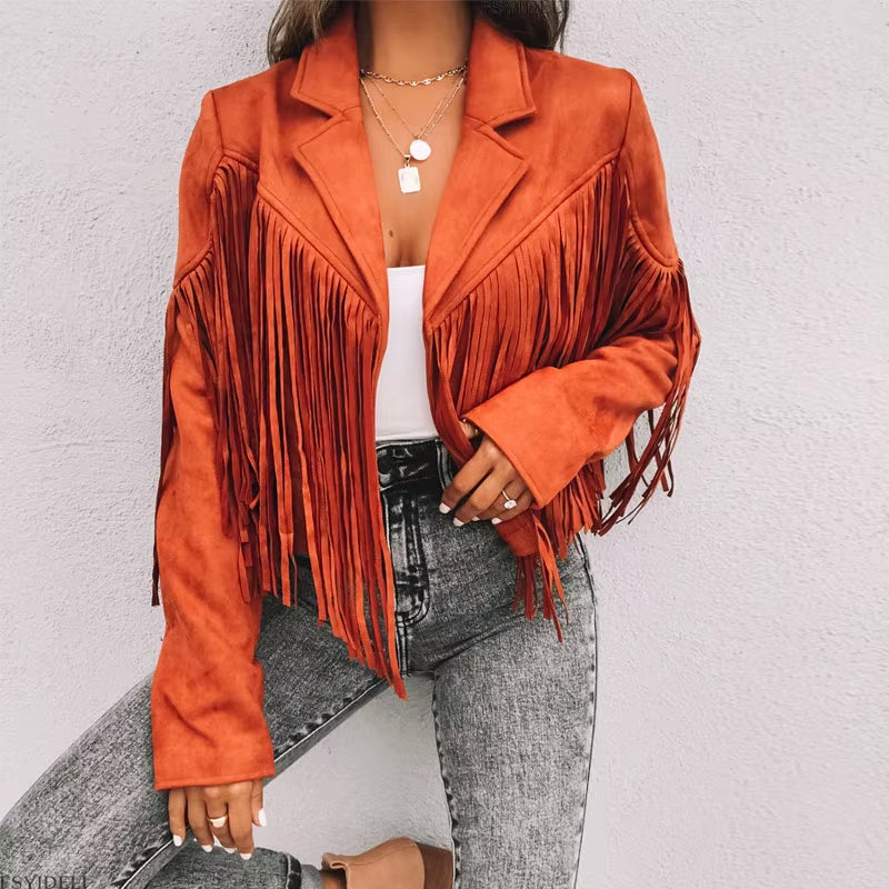 Y2K Fringed Hem Suede Leather Biker Jacket - Trendy Tassel Cardigan for Fall & Spring