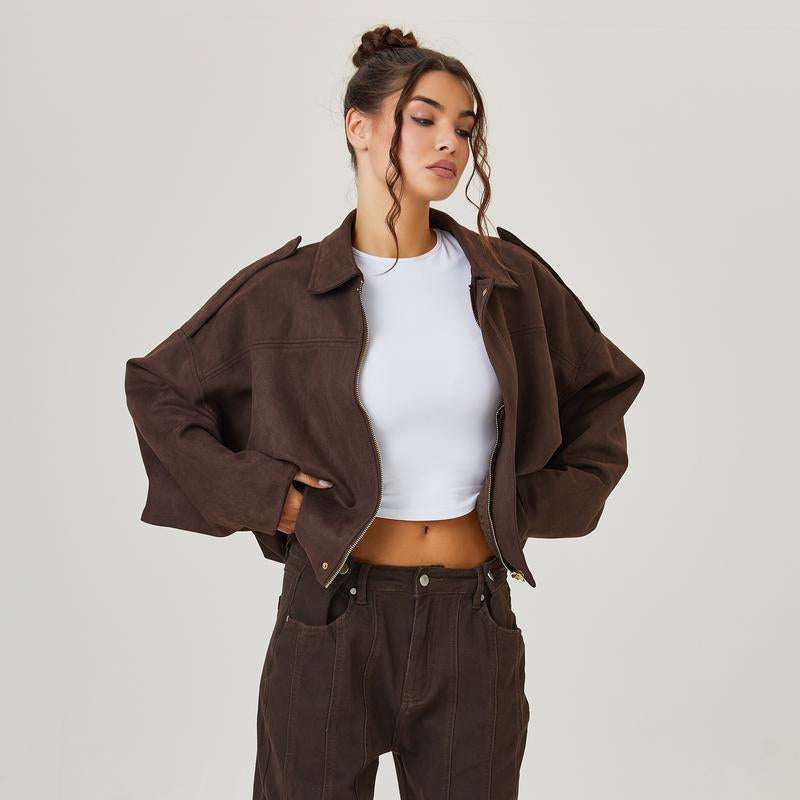 Cozy Vintage Women's Winter Jacket - Stylish Collared Zippered Long Sleeve Outerwear for Fall & Winter, Cropped with Epaulets