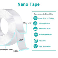 3 Rolls of Heavy Duty Double Sided Nano Adhesive Tape - 9.85FT See-Through Mounting Strips for Easy Home Decor & Gym Tasks