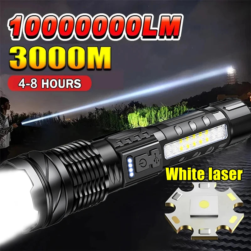 Ultra Bright Rechargeable White Laser LED Flashlight - Tactical Torch for Camping and Hiking, Built-In Battery with USB Charging