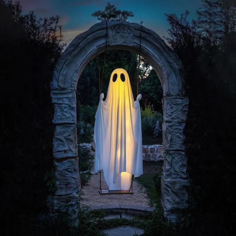 Spooky 5Ft Hanging Swinging Ghost with Lights - Perfect for Halloween Outdoor Decoration & Haunted Tree Decor for Porch and Yard