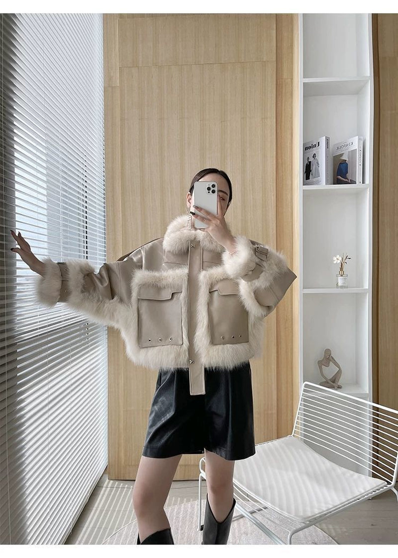 Luxurious Fox Fur & Leather Stitch Coat