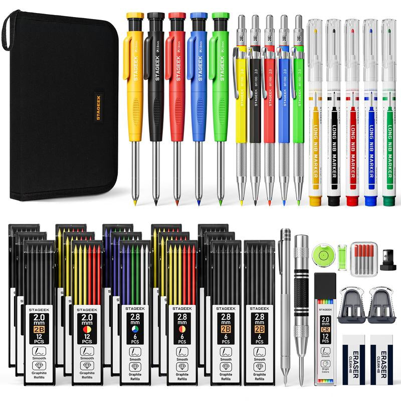 STAGEEK 34-Piece Carpenter Pencil Set - Includes Sharpener, 104 Refills, and Carbide Scribe Tool - Heavy-Duty Construction Pencils for Woodworking, Architecture, and Art with Stylish Canvas Case