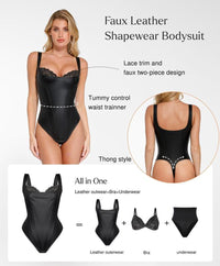 Elevate Your Silhouette: Popilush Faux Leather Lace Trim Corset Bodysuit with Tummy Control