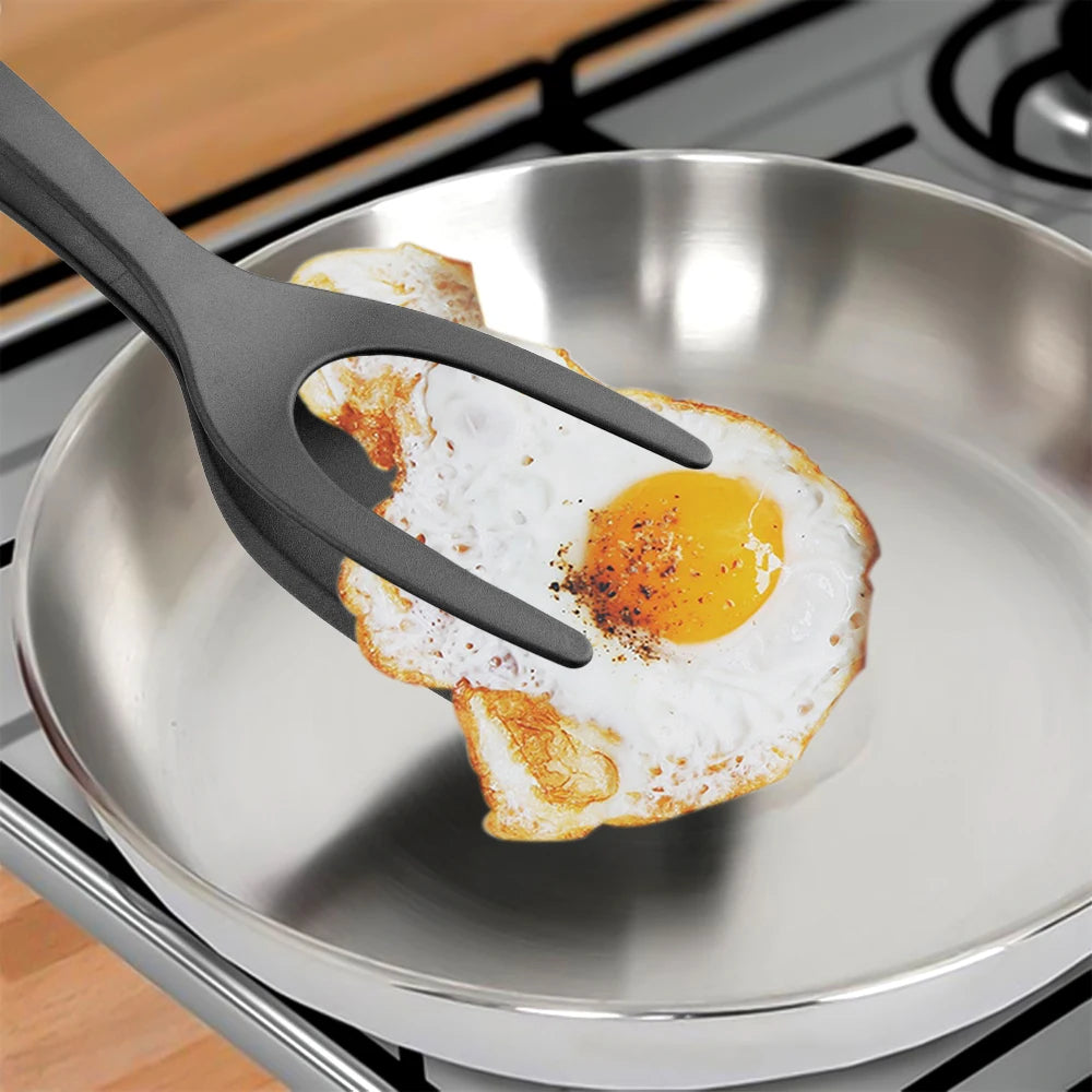 Versatile 2-in-1 Nylon Grip Tongs & Egg Spatula - Perfect for Steaks, Pancakes, and More!