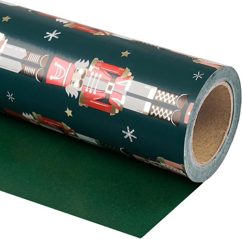 Reversible Nutcracker Christmas Wrapping Paper - 17" x 33' Foil Green Mini Roll for Holiday Celebrations and Parties