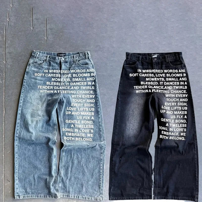 Trendy Y2K Vintage American Pattern Wide Leg Jeans - Casual Streetwear for Men & Women