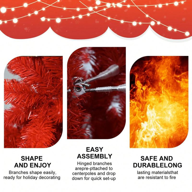 Fire-Resistant Red PVC Artificial Christmas Tree – Unlit, Sturdy Metal Stand, Perfect for DIY Decorations (4Ft/5Ft/6Ft/7Ft)