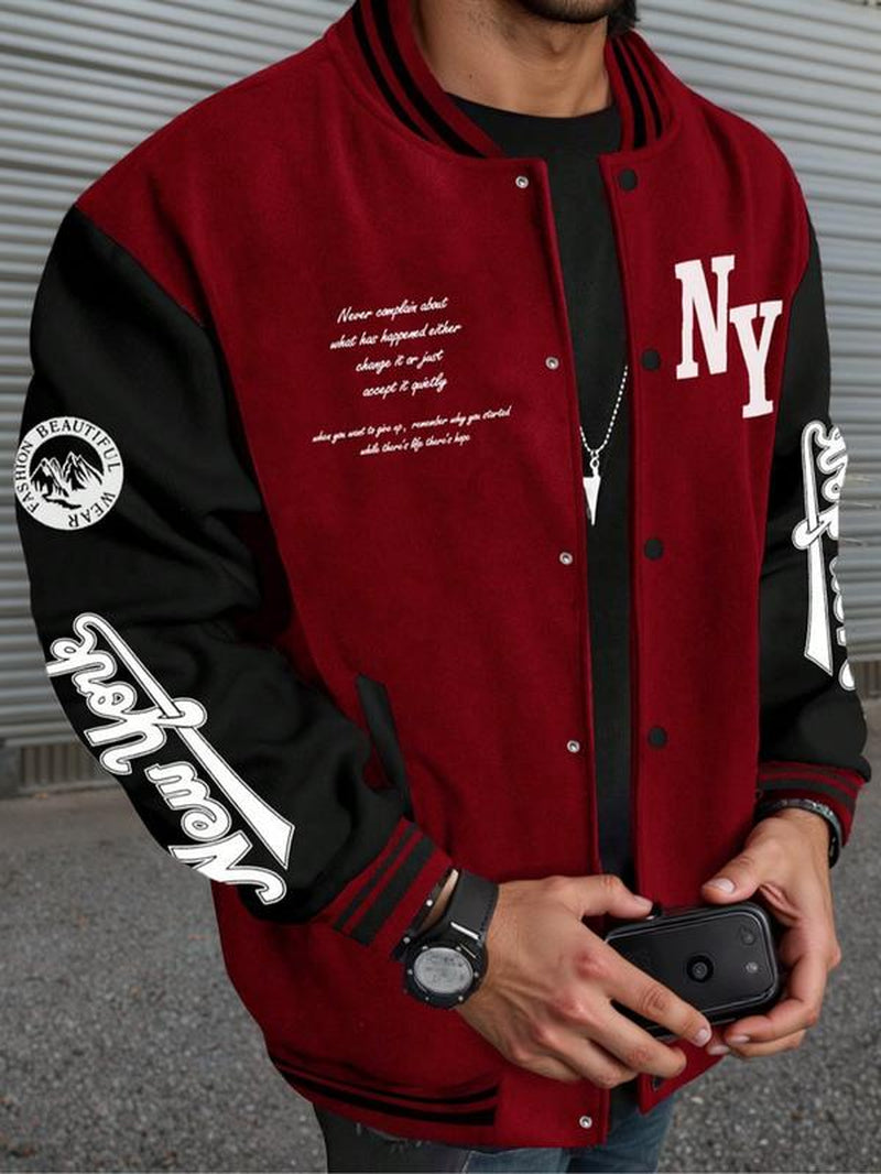 Men's College Style Baseball Jacket - Y2K Street Fashion, Long Sleeve Casual Fitted Jacket for Fall & Winter 2025