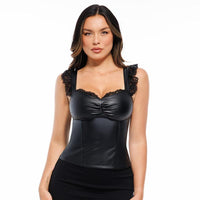 Elevate Your Silhouette: Popilush Faux Leather Lace Trim Corset Bodysuit with Tummy Control