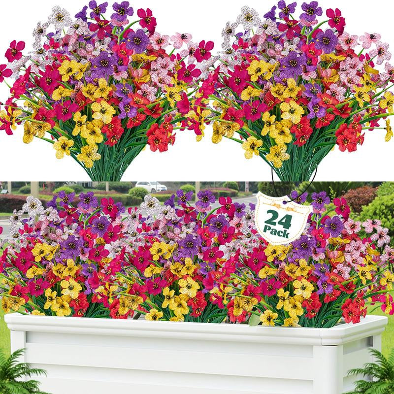 24 Bundles Artificial Flowers – UV-Resistant Faux Silk & Plastic Plants for Indoor & Outdoor Décor