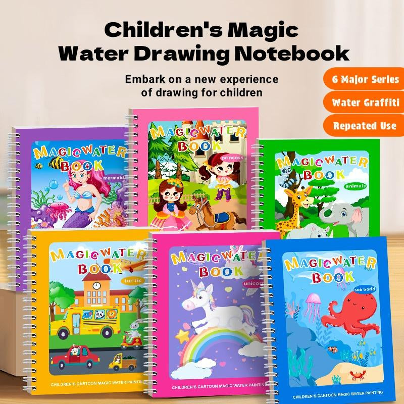 Magic Mess-Free Water Coloring Book for Toddlers - Reusable 3/6 Pack Educational Drawing Activity - Perfect Travel Toy for Kids 3-6 Years Old
