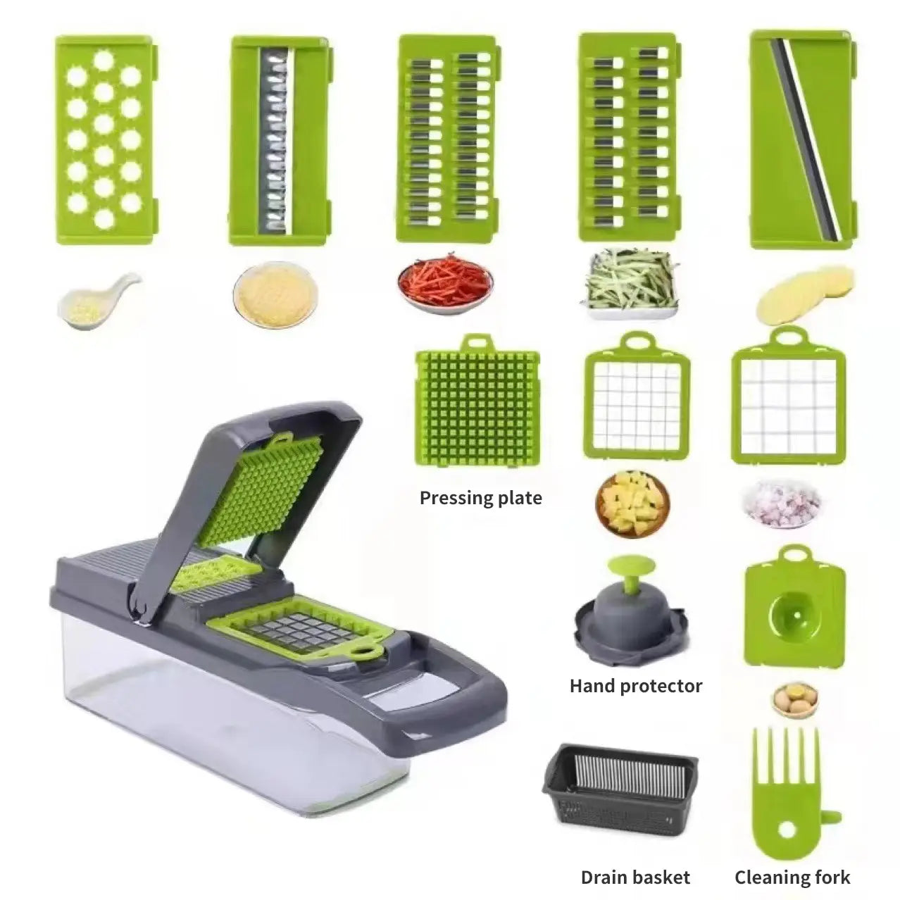 12-in-1 Multifunctional Vegetable Slicer & Chopper - Green & Black with Basket for Effortless Shredding and Grating!