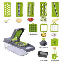 12-in-1 Multifunctional Vegetable Slicer & Chopper - Green & Black with Basket for Effortless Shredding and Grating!