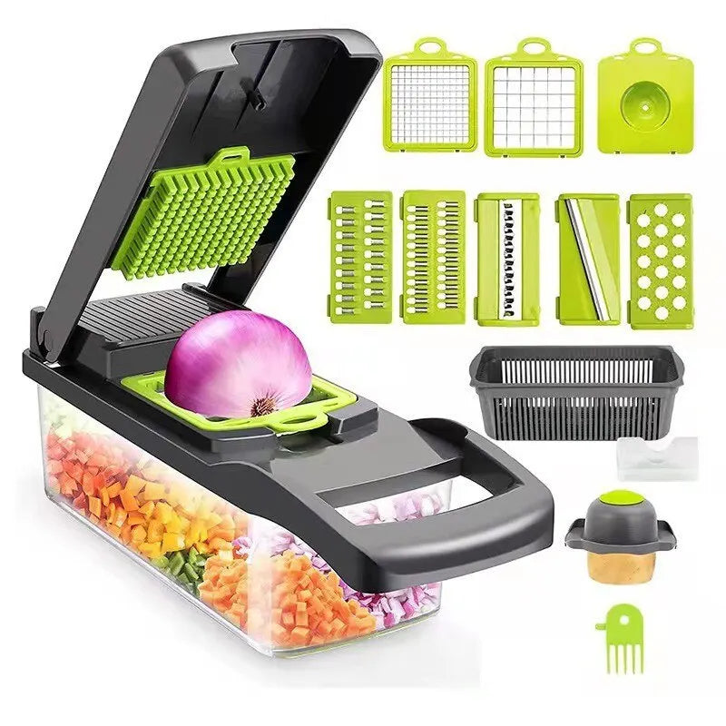 12-in-1 Multifunctional Vegetable Slicer & Chopper - Green & Black with Basket for Effortless Shredding and Grating!
