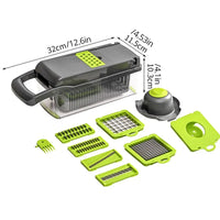12-in-1 Multifunctional Vegetable Slicer & Chopper - Green & Black with Basket for Effortless Shredding and Grating!