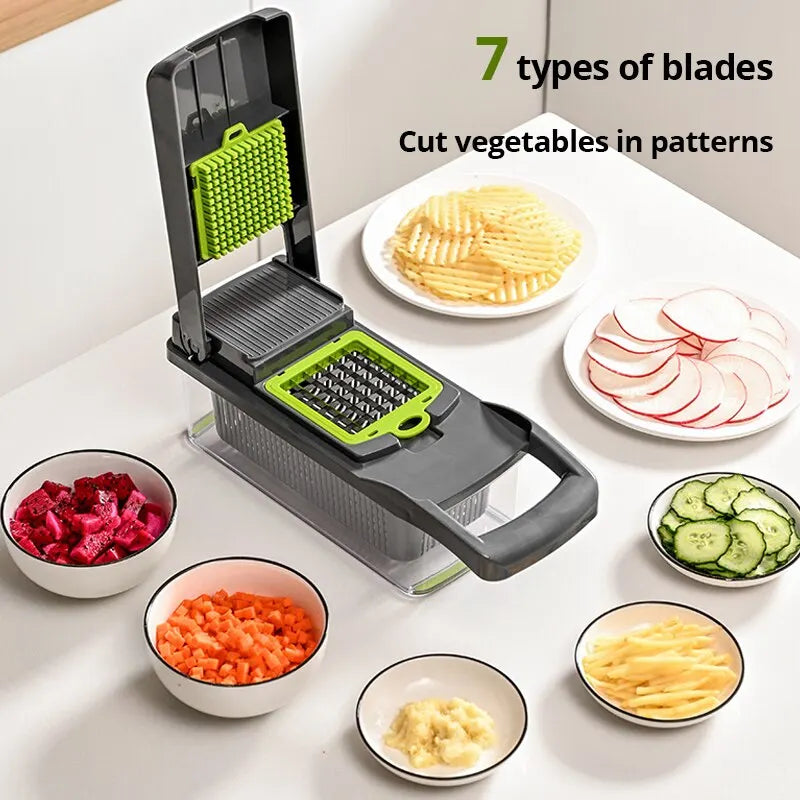 12-in-1 Multifunctional Vegetable Slicer & Chopper - Green & Black with Basket for Effortless Shredding and Grating!