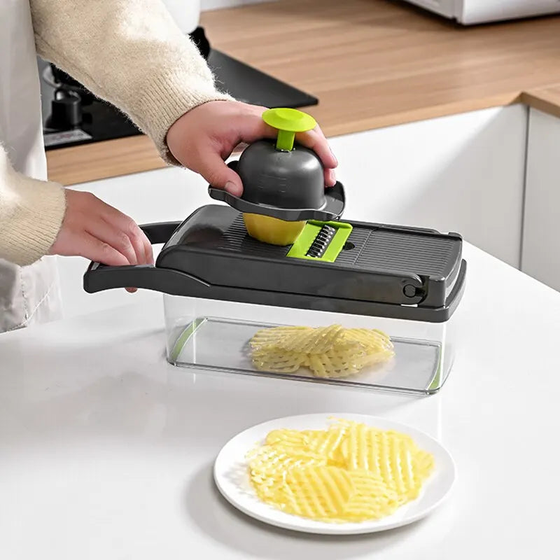12-in-1 Multifunctional Vegetable Slicer & Chopper - Green & Black with Basket for Effortless Shredding and Grating!