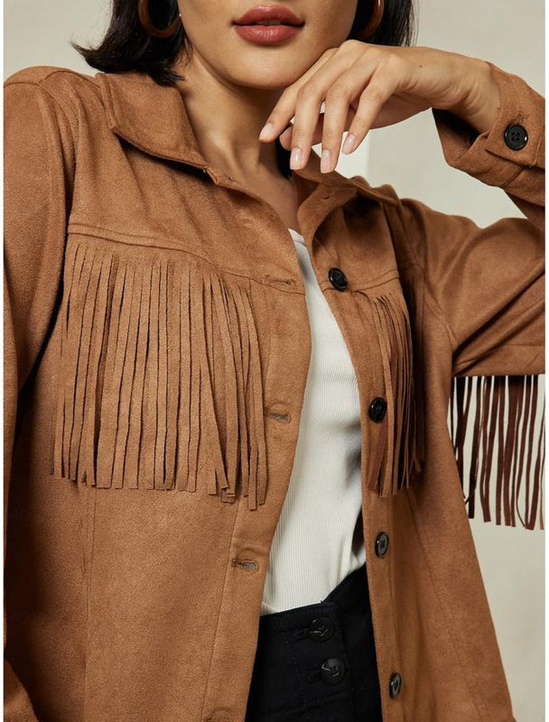 Chic ADOR Women's Suede Fringe Hem Crew Neck Jacket - Elevate Your Outerwear Collection!