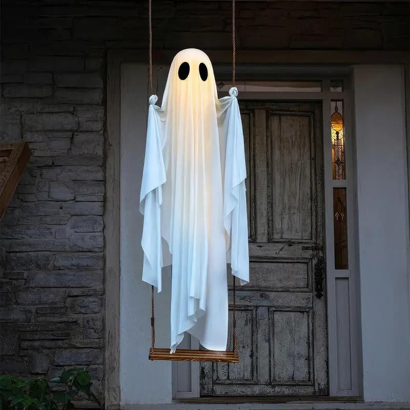 Spooky 5Ft Hanging Swinging Ghost with Lights - Perfect for Halloween Outdoor Decoration & Haunted Tree Decor for Porch and Yard