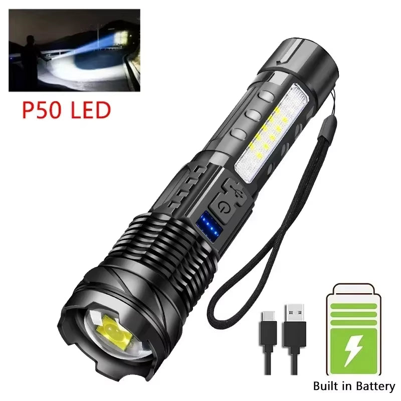 Ultra Bright Rechargeable White Laser LED Flashlight - Tactical Torch for Camping and Hiking, Built-In Battery with USB Charging