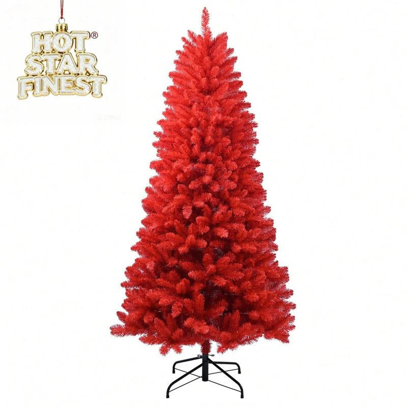 Fire-Resistant Red PVC Artificial Christmas Tree – Unlit, Sturdy Metal Stand, Perfect for DIY Decorations (4Ft/5Ft/6Ft/7Ft)