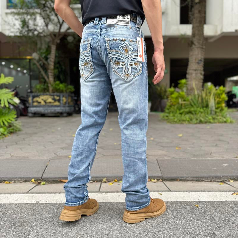 Y2K Retro Cowboy Bootcut Jeans for Men - Light Wash Distressed Denim with Gold Fleur-De-Lis Embroidery - Vaquero Rodeo Style
